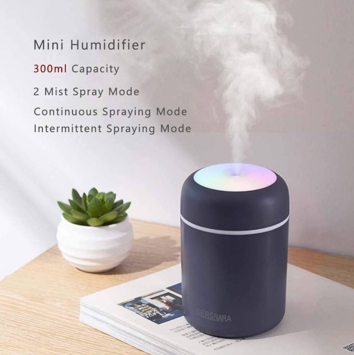 Portable Mini Humidifier, Colorful, Cool Mist, USB Powered. Perfect for Bedroom, Office & Car