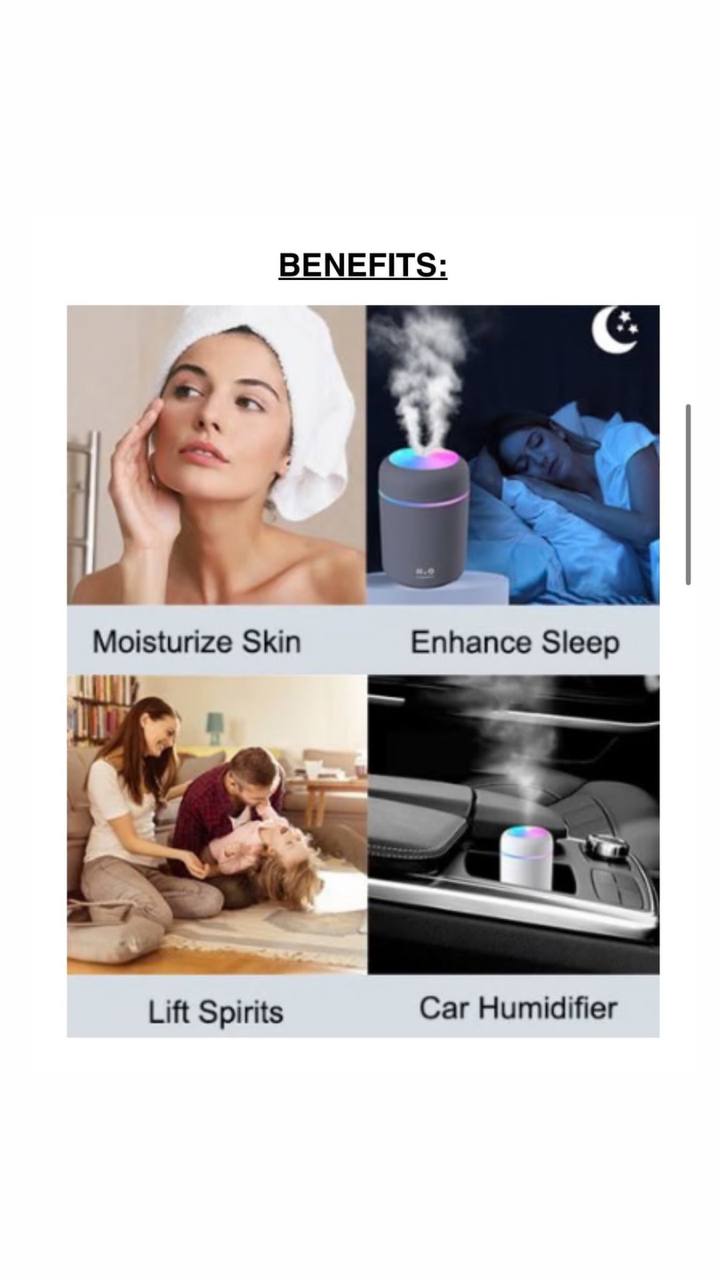 Portable Mini Humidifier, Colorful, Cool Mist, USB Powered. Perfect for Bedroom, Office & Car