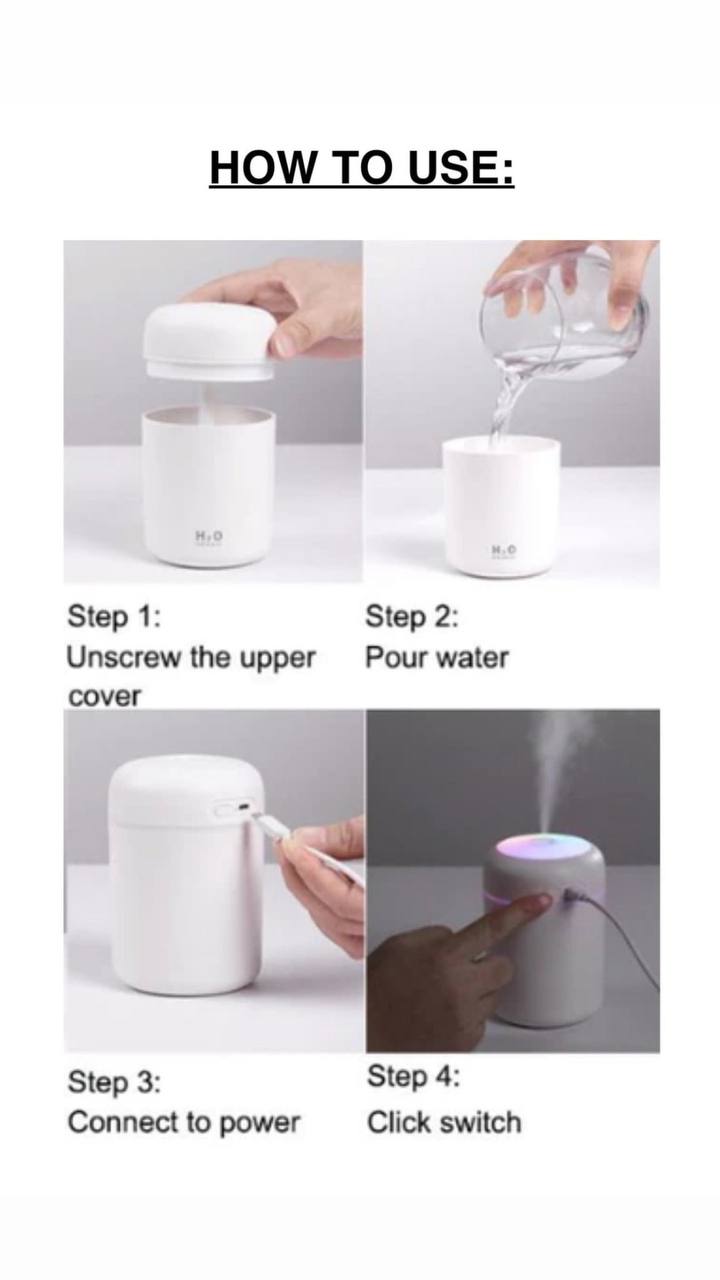 Portable Mini Humidifier, Colorful, Cool Mist, USB Powered. Perfect for Bedroom, Office & Car